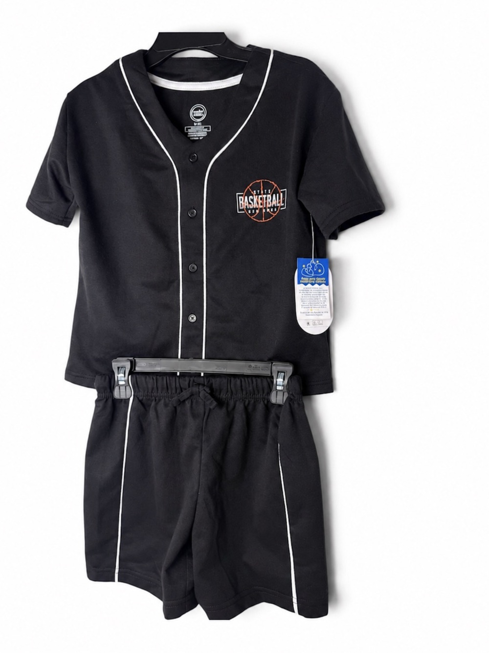 Kids Black Baseball-Style Shirt & Shorts Set with White Piping